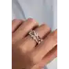 Pirinç Ayarlamalı Gümüş Renk Zirkon Taşlı 2li Görünüm Fiyonk Yüzük