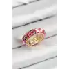 Pirinç Fuşya Mineli Çiçek Motifli Gold Renk Ayarlanabilir Kadın Yüzük