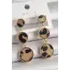 Pirinç Gold Renk 3Lü Leopar Desenli Sallantı Daire Plaka Model Kadın Küpe