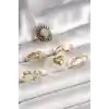 Pirinç Gold Renk Beyaz Gül Figür Kalp İşlemeli Sarmal Detay 6Lı Kadın Yüzük Seti