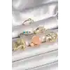 Pirinç Gold Renk Daire Pembe Mineli Zirkon Taş Detaylı 6Lı Kadın Yüzük Seti
