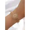 Pirinç Gold Renk İri Zirkon Taşlı Çiçek Figürlü Bileklik