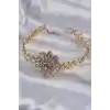 Pirinç Gold Renk İri Zirkon Taşlı Çiçek Figürlü Bileklik