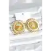 Pirinç Gold Renk Kehribar Boncuklu Vintage Kadın Küpe