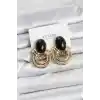 Pirinç Gold Renk Siyah Taşlı Vintage Kadın Küpe