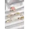 Pirinç Gold Renk Zirkon Taş Detaylı Pembe Mineli 6Lı Kadın Yüzük Seti