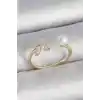 Pirinç Gold Renk Zirkon Taşlı Çiçek Model İnci Detay Ayarlanabilir Kadın Yüzük