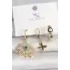 Pirinç Gold Renk Zirkon Taşlı Göz Figür Nazar Boncuk Detay 3Lü Kadın Kombin Küpe
