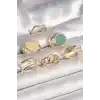 Pirinç Gold Renk Zirkon Taşlı Kalp Plaka Figür Mavi Simli Detay 6Lı Kadın Yüzük Seti