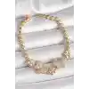 Pirinç Gold Renk Zirkon Taşlı Kelebek Figür Çiçek Zincir Model Kadın Bileklik