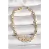 Pirinç Gold Renk Zirkon Taşlı Kelebek Figür Damla Zincir Model Kadın Bileklik