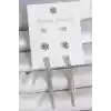 Pirinç Gold Renk Zirkon Taşlı Sallantılı Çiçek Detay 3 Çfit Kadın Küpe Seti