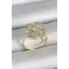 Pirinç Gold Renk Zirkon Taşlı Yonca Model Ayarlanabilir Kadın Yüzük