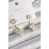 Pirinç Gold Renk Zirkon Taşlı Yonca Model Kadın Küpe