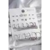 Pirinç Gümüş Renk Papatya Detaylı 12 Çift Kadın Küpe Seti