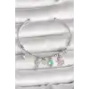 Pirinç Gümüş Renk Sallantı Zirkon Taşlı Ayıcık Figür Çiçek Detay Charm Kadın Bileklik