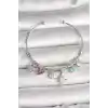 Pirinç Gümüş Renk Sallantı Zirkon Taşlı Kutup Yıldız Figür Kalp Detay Charm Kadın Bileklik
