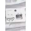 Pirinç Gümüş Renk Zirkon Taşlı Halka Model Kalp Detay 3 Çift Kadın Küpe Seti