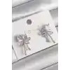 Pirinç Gümüş Renk Zirkon Taşlı Kurdele Model Kadın Küpe