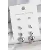 Pirinç Gümüş Renk Zirkon Taşlı Sallantılı Kalp Model 3 Çift Kadın Küpe Seti