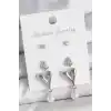 Pirinç Gümüş Renk Zirkon Taşlı Sallantılı Kalp Model 3 Çift Kadın Küpe Seti