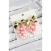 Pirinç Sallantılı Pembe Boncuklu Fiyonk Vintage Model Gold Renk Kadın Küpe