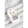 Pirinç Zirkon Taş Ve Kemik Halka Figürlü Gold Renk 3lü Çift Kadın Küpe Set