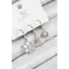 Pirinç Zirkon Taşlı 3lü Çiçek Ve İstiridye Model Gümüş Renk Kadın Küpe