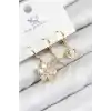 Pirinç Zirkon Taşlı 3lü İstiridye Ve Çiçek Model Gold Renk Kadın Küpe