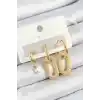 Pirinç Zirkon Taşlı Dikdörtgen Model Gold Renk 3lü Çift Kadın Küpe Set