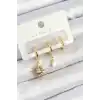 Pirinç Zirkon Taşlı Güneş Model Gold Renk 3lü Çift Kadın Küpe Set