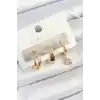 Pirinç Zirkon Taşlı Halka Model Gold Renk 3lü Çift Kadın Küpe Set