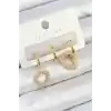 Pirinç Zirkon Taşlı Kalp Model Gold Renk 3lü Çift Kadın Küpe Set