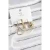Pirinç Zİrkon Taşlı Kalp Model Gold Renk 3lü Kadın Küpe