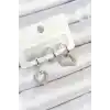 Pirinç Zirkon Taşlı Kalp Model Gümüş Renk 3lü Çift Kadın Küpe Set