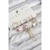 Pirinç Zirkon Taşlı Sallantılı Ve İncili Gold Renk 6lı Küpe Set