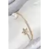 Pirinç Zirkon Taşlı Yıldız Ve İnci Model Gold Renk Kadın Bileklik