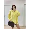 Poplin Kadın Yakalı Yandan Yırtmaçlı Arka Pens Detaylı Gömlek - Sarı
