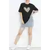 Sevgililer Günü İçin Özel Tasarım Leopar Kalp Baskılı T-shirt - Siyah