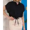 Sıfır kollu bağlamalı crop gömlek siyah s255359