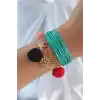 Turkuaz Renk Kar Tanesi Figür Zincir Detay İpli Çoklu Bileklik