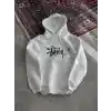 Üç İplik Kapşonlu Baskılı SweatShirt - Beyaz