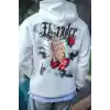 Üç İplik Penye Kapşonlu Baskılı SweatShirt - Beyaz