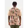 Unisex Baskılı Oversize T-Shirt - Bej