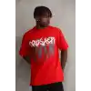 Unisex Baskılı Oversize T-Shirt - Kırmızı