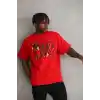 Unisex Baskılı Oversize T-Shirt - Kırmızı