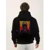 Unisex Baskılı Oversize Üç İplik Kapüşonlu Sweatshirt - Siyah