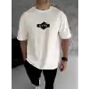 Unisex Bisiklet Yaka Baskılı Double Oversize T-Shirt - Beyaz