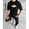 Unisex Bisiklet Yaka Baskılı Double Oversize T-Shirt - Siyah