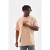 Unisex Bisiklet Yaka Baskılı Oversize T-Shirt - Bej